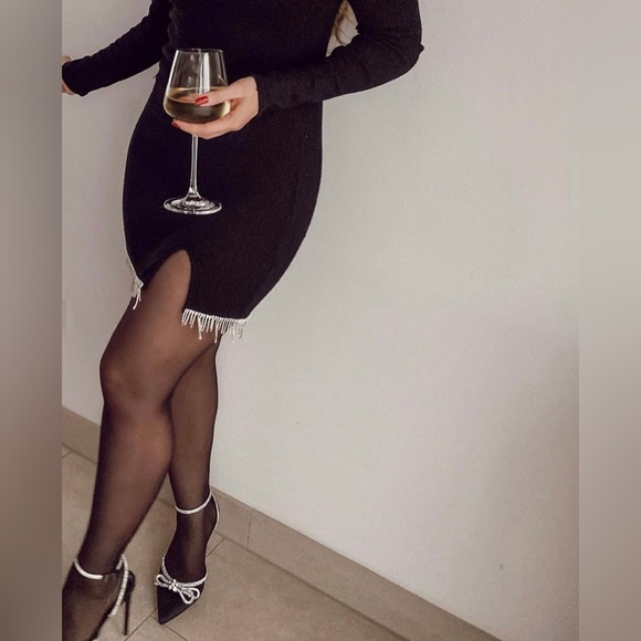 Zara BLACK SWEATER KNIT DRESS WITH HANGING RHINESTONES - Picture 6 of 12
